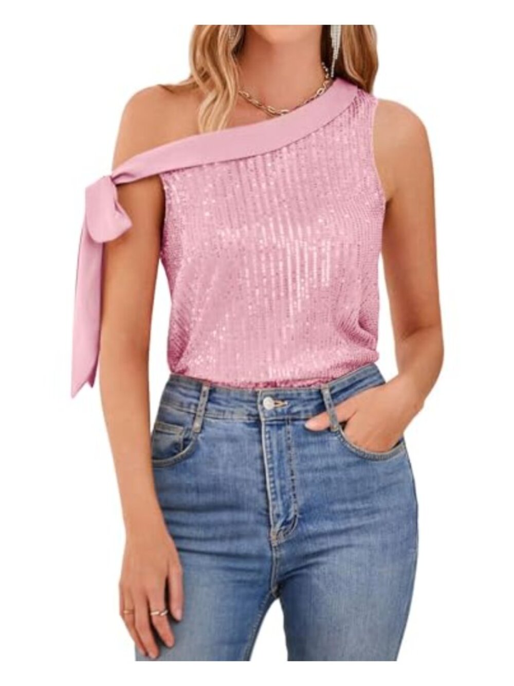 Sequin One Shoulder Tank Top Sleeveless Loose Party Going Out Shirt